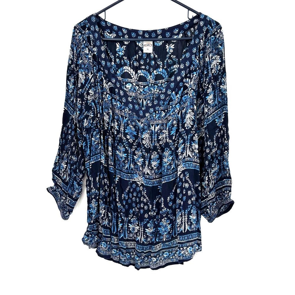 Bila Size XL Boho Style Blouse Blue Long Sleeve Shirt Top Pattern Print